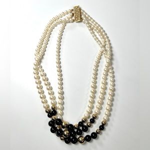 Vintage 1970s to 1980s Gold, Black and Faux Pearl Beaded Necklace